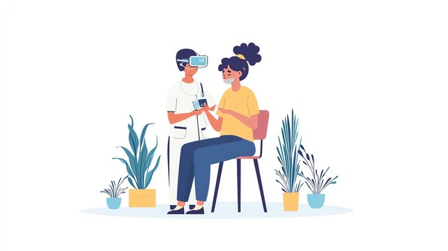 A healthcare professional demonstrates virtual reality technology to a patient in a serene setting with plants. Remote patient monitoring concept.