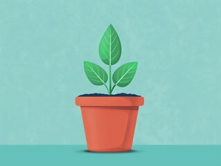 Fototapeta premium A small plant in a terracotta pot against a blue background.