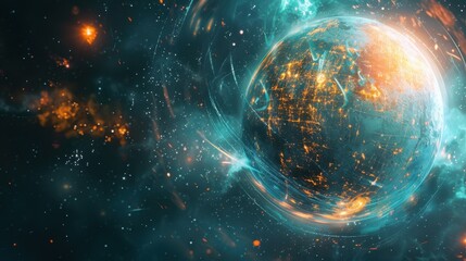 Obraz premium Futuristic Planet with Orange Glowing Lines and Stars