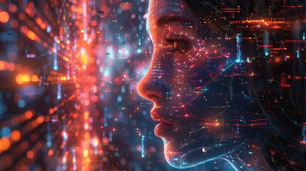 A Woman's Face Fused with a Cityscape of Lights and Lines