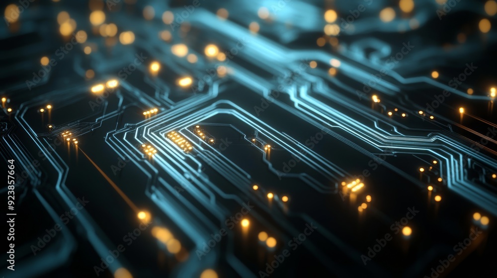 Poster close-up of a sophisticated circuit board with dynamic, flowing lines and data nodes illustrating mo