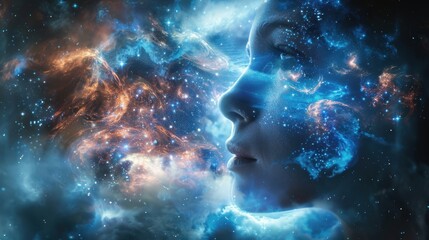 A Close-up of a Woman's Face Immersed in a Starry Galaxy