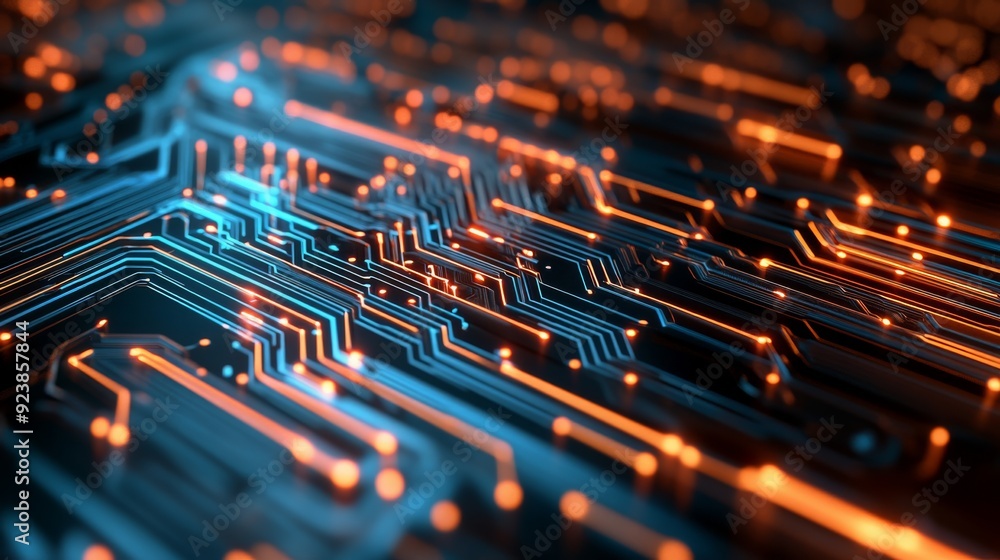 Poster close-up of a sophisticated circuit board with dynamic, flowing lines and data nodes illustrating mo