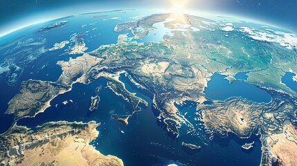 Physical map of Planet Earth, centered on the Mediterranean Sea. Satellite view of Southern Europe and North Africa with the sun shining on the horizon. 3D illustration.