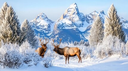Obraz premium Grand Teton Winter Landscape with Elk in Snowy Mountains