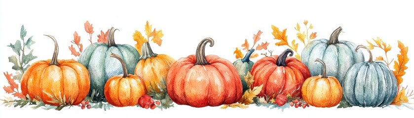 A charming watercolor illustration featuring a variety of orange and blue pumpkins surrounded by autumn leaves, arranged as a border design.