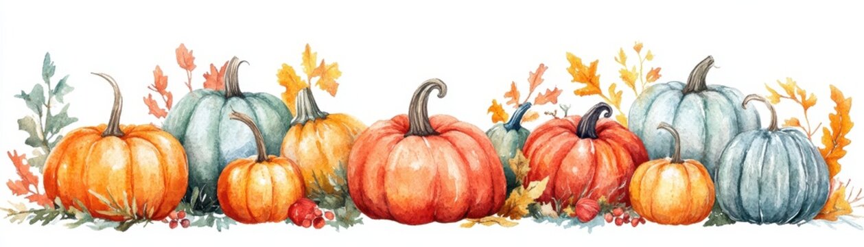 A charming watercolor illustration featuring a variety of orange and blue pumpkins surrounded by autumn leaves, arranged as a border design.