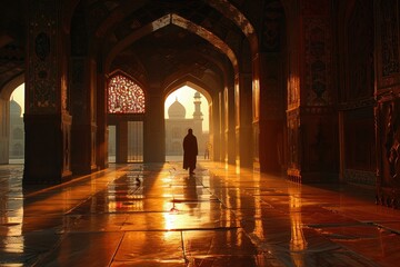 A lone figure walks through a mosque illuminated by golden sunlight.