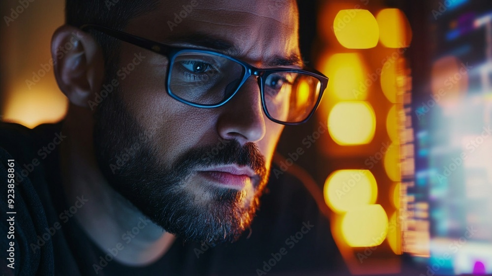Aufkleber focused man working on computer with intense concentration. the lighting is moody and cinematic, sug