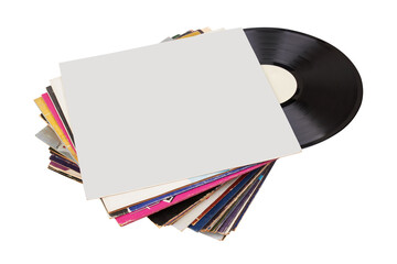 Vinyl record in white paper case. Vinyl envelope. Analog sound. Classic audio. Isolated on white