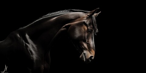 give me 45 key words for Photo of a horse isolated against a black background, emphasising the horse's majestic features. Wildlife and conservation concept, space for copy.