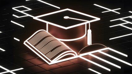 Neon diagram of a graduation cap and open book on a dim, framework designed foundation, representing training and learning. 3D Rendering