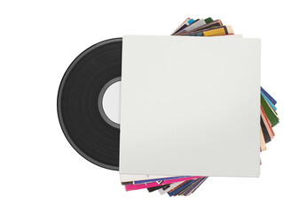 Vinyl record in white paper case. Vinyl envelope. Analog sound. Classic audio. Isolated on white