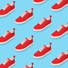 Red sneaker on a blue background. Pop art design. Flat minimal lay style.
