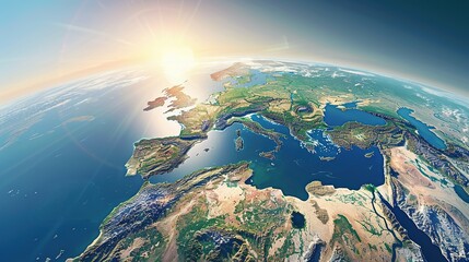 Physical map of Planet Earth, centered on the Mediterranean Sea. Satellite view of Southern Europe and North Africa with the sun shining on the horizon. 3D illustration.