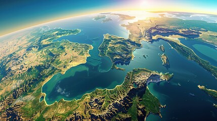 Physical map of Planet Earth, centered on the Mediterranean Sea. Satellite view of Southern Europe and North Africa with the sun shining on the horizon. 3D illustration.