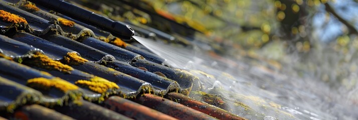Obraz premium Professional roof cleaning service using high-pressure equipment to remove moss and debris. Comprehensive gutter and roof washing for spotless results.