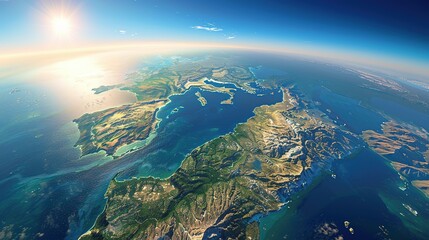 Physical map of Planet Earth, centered on the Mediterranean Sea. Satellite view of Southern Europe and North Africa with the sun shining on the horizon. 3D illustration.
