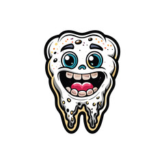 A cartoon drawing of a cute, dirty tooth with a big smile.