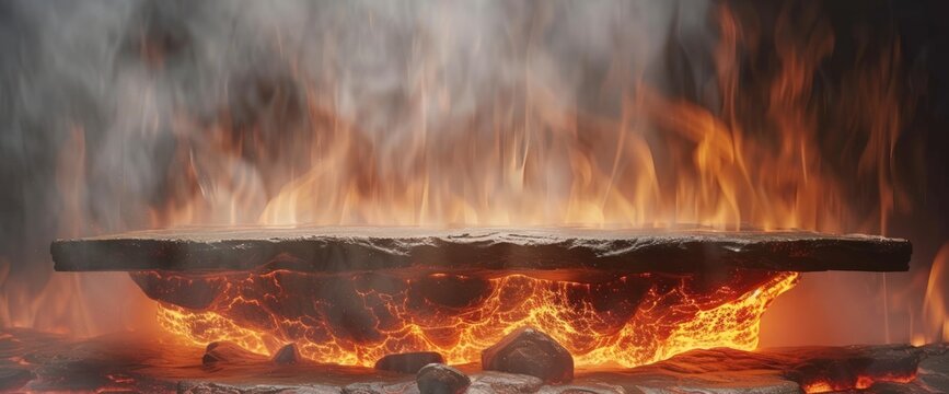 A black stone platform floats above a sea of molten lava. Smoke and fire rise up around the platform, creating a dramatic and mystical scene.