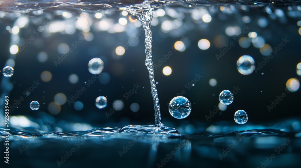 Poster bubbles and droplets in sparkling water captured in a close-up view with reflections and soft light 