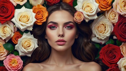 A Woman Surrounded by Colorful Roses With Natural Makeup and Lush Hair in Springtime