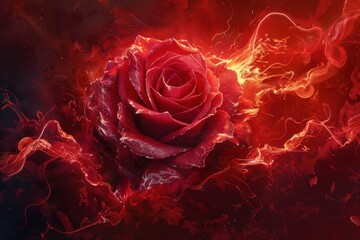 A Crimson Rose Engulfed in Fiery Abstract Swirls