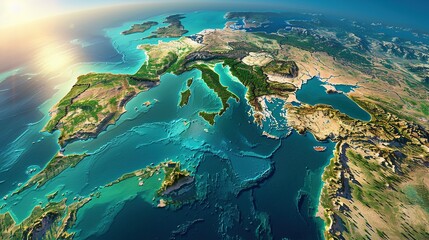 Physical map of Planet Earth, centered on the Mediterranean Sea. Satellite view of Southern Europe and North Africa with the sun shining on the horizon. 3D illustration.