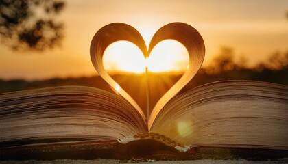 pages of an old  book with the shape of a heart  against the sunset. romantic background