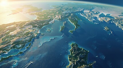 Physical map of Planet Earth, centered on the Mediterranean Sea. Satellite view of Southern Europe and North Africa with the sun shining on the horizon. 3D illustration.