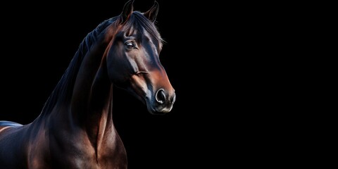Fototapeta premium give me 45 key words for Photo of a horse isolated against a black background, emphasising the horse's majestic features. Wildlife and conservation concept, space for copy.