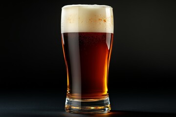 A dark beer in a tall glass with rich amber hues, highlighting the frothy head and effervescent bubbles against a black background.