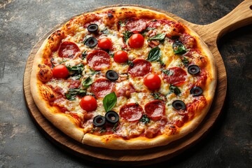 A delicious pepperoni pizza topped with fresh cherry tomatoes, black olives, and basil leaves,...