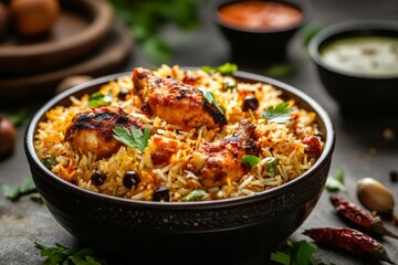 A flavorful chicken biryani served in a traditional bowl, showcasing tender chicken pieces on a bed of spiced rice, garnished with fresh coriander.