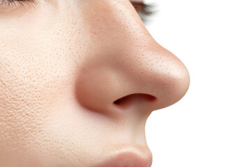 Man's nose close up side view isolated on white background