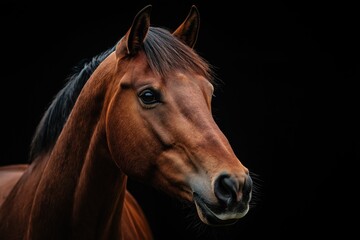 Obraz premium give me 45 key words for Photo of a horse isolated against a black background, emphasising the horse's majestic features. Wildlife and conservation concept, space for copy.