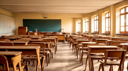 An Empty High School Classroom Awaits: The Timeless Appeal of Wooden Desks and Chairs in a Vintage Interior, Symbolizing the Start of a New School Year in Secondary Education