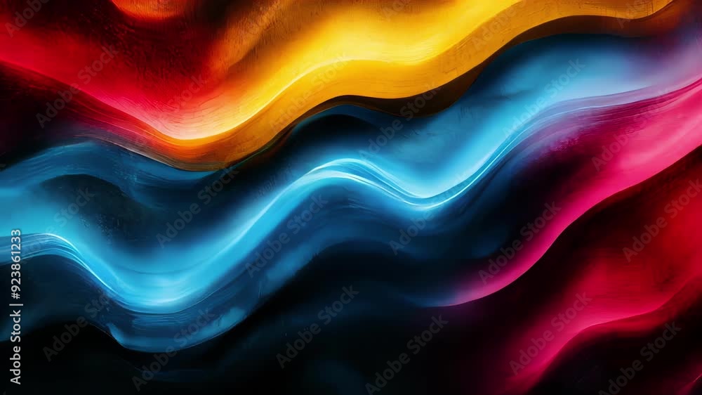 Poster abstract liquid waves background in gradient vibrant colors, seamless loop, noise grain effect