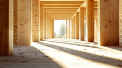 Wooden frame of a new house under construction, bright daylight, ample room for text