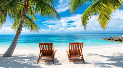 Tropical Beach Paradise with Palm Trees and Wooden Sun Loungers on Sandy Shore