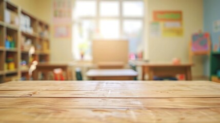 Blank wooden table top on blurred schoolchild room interior background