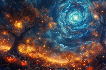 A Halloween Forest with Jack-O-Lanterns and a Whirlwind of Clouds