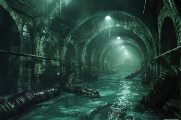 Fototapeta premium An Eerie, Flooded Tunnel with Pipes and Arched Ceilings