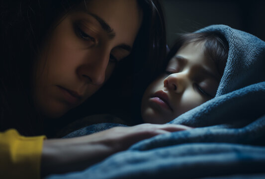 Mother caring for her sick daughter with a digital thermometer during a storm at home - Powered by Adobe