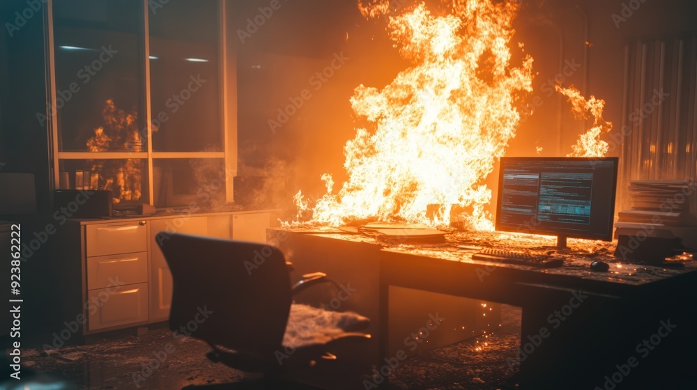 Poster a desk with a computer and keyboard is engulfed in flames in an office. there is smoke in the air an