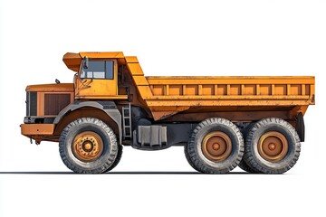 Dump truck on isolated background with emphasis on its large cargo bed and tire design in high resolution