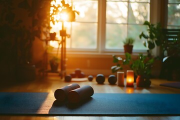 Sunlit Home Workout: A pair of dumbbells rests on a blue yoga mat, bathed in the warm glow of the setting sun. The image captures the tranquility and motivation of a home workout routine