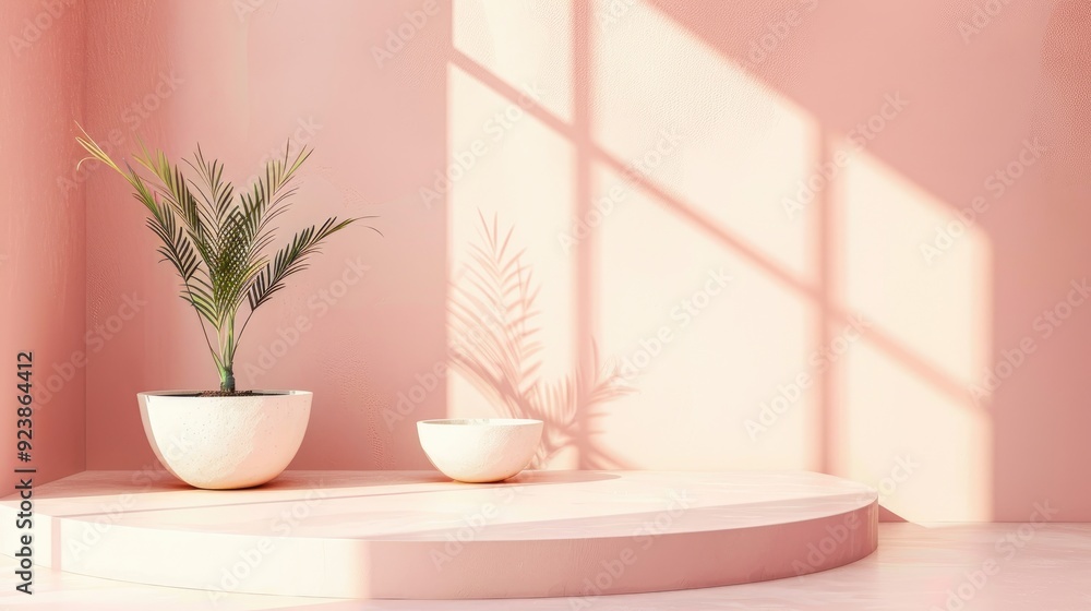 Poster minimalist podium with a soft, pastel background, suitable for adding text and product features