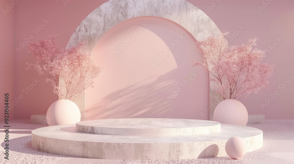Poster minimalist podium with a soft, pastel background, suitable for adding text and product features