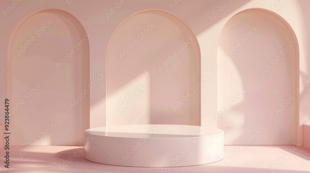 Poster minimalist podium with a soft, pastel background, suitable for adding text and product features